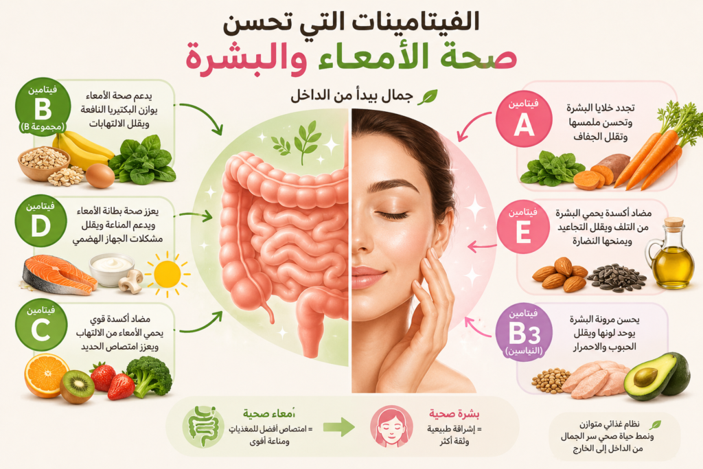 الفيتامينات التي تحسن صحة الأمعاء والبشرة